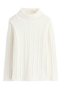 Pull blanc en tricot avec un col roulé côtelé et un motif torsadé. Manches longues et coupe décontractée avec une surface texturée.