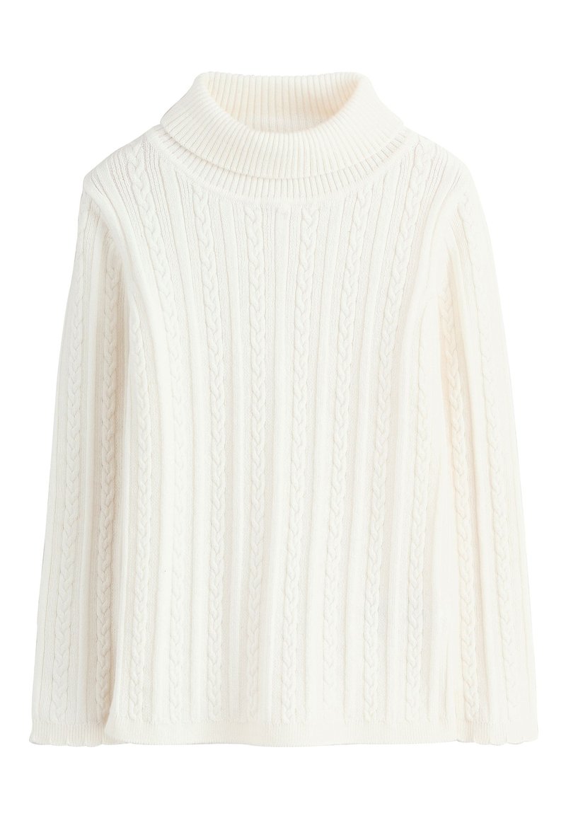 Pull blanc en tricot avec un col roulé côtelé et un motif torsadé. Manches longues et coupe décontractée avec une surface texturée.
