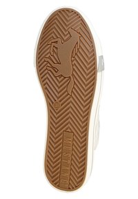 Brown rubber outsole with herringbone pattern, embossed horse logo, and raised lettering "MUSTANG." White sidewalls visible at edges. Size 36.