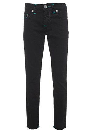 Zwarte slim-fit jeans met turquoise gestikte accenten op zakken, riemlussen en zoom, voorzien van zilveren knoop en klinknagels.