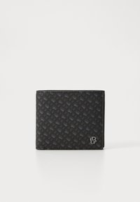 Svart bifold lommebok med teksturert mønster, med en subtil glans. Inkluderer en metallisk logodetalj og jevn kantfinish.