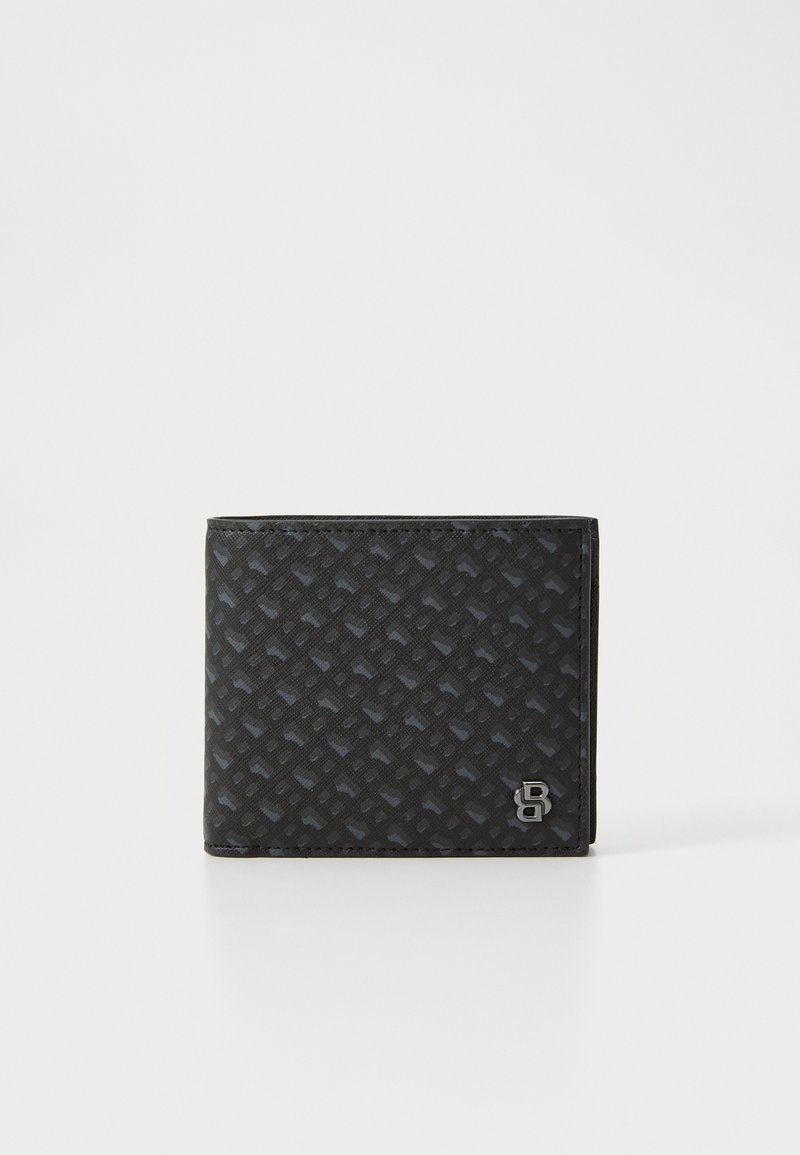Black bifold wallet with a textured pattern, featuring a subtle sheen. Includes a metallic logo detail and smooth edge finish.