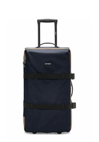 Valigia con ruote in tessuto blu navy con cinghie nere, un manico e una chiusura con zip. Presenta dettagli colorati e un logo sul davanti.