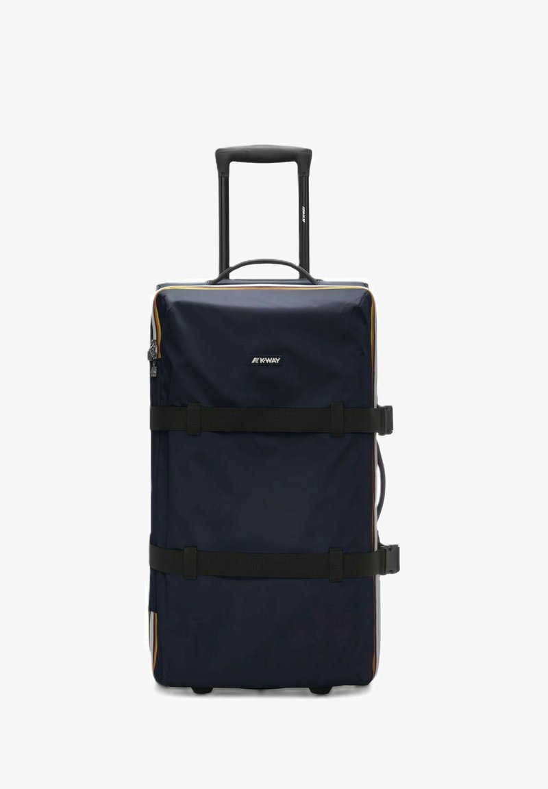 Valigia con ruote in tessuto blu navy con cinghie nere, un manico e una chiusura con zip. Presenta dettagli colorati e un logo sul davanti.