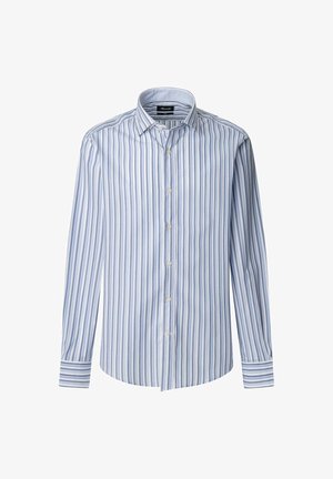 Camicia a maniche lunghe a righe azzurre e bianche, colletto button-down, con vestibilità regolare e tessuto morbido e liscio.