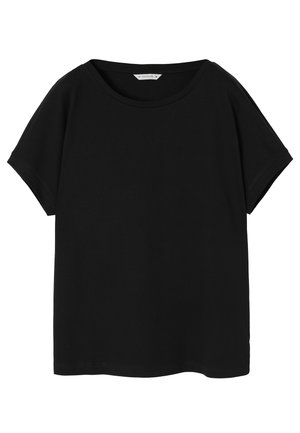 T-shirt nera a maniche corte con un ampio scollo rotondo, realizzata in tessuto morbido, caratterizzata da una vestibilità comoda e orlo pulito.
