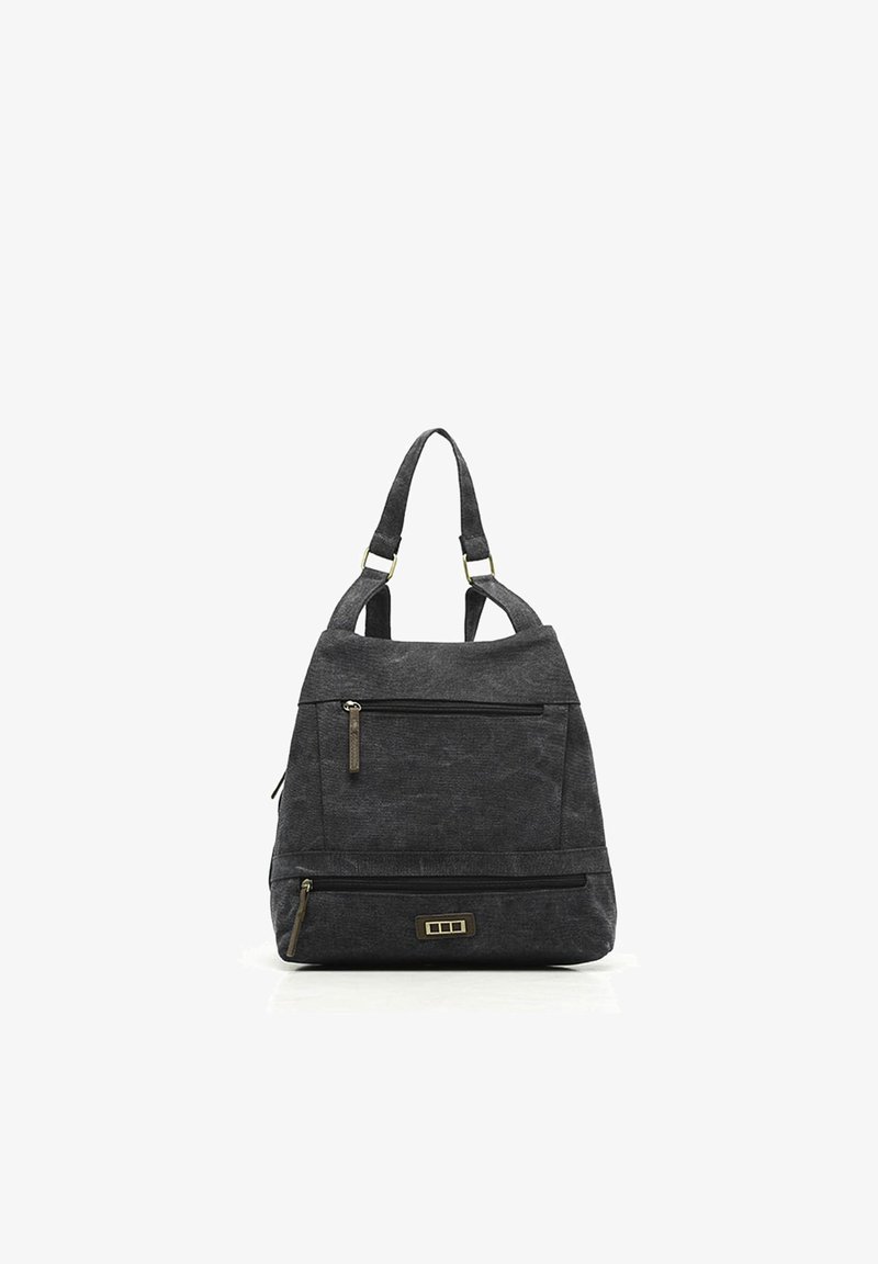 Siv nahrbtnik iz blaga z nastavljivimi naramnicami, več žepov z zadrgo, teksturirano površino in pravokotnim kovinskim akcentom na spodnjem sprednjem delu.