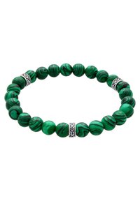 Bracciale in malachite con perle verdi tonde attraversate da striature nere, intervallate da accenti decorativi in argento. Design con elastico resistente.