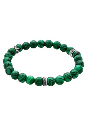 Malahiitkäevõru, millel on ümmargused rohelised helmestega mustade triipudega, kaunistatud dekoratiivsete hõbedaste aksessuaaridega. Vastupidav elastne rihmakujundus.