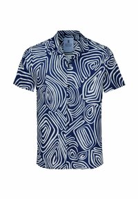 Kurzärmliges Hemd mit Druckknöpfen, das ein blau-weißes abstraktes Wirbelmuster zeigt, mit einem Kragen und einem Brustlabel. Hergestellt aus leichtem Stoff.