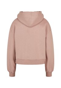 Hoodie cropped in un rosa morbido con cappuccio regolabile, polsini e orlo a coste, caratterizzato da una texture liscia e maniche a spalla cadente.