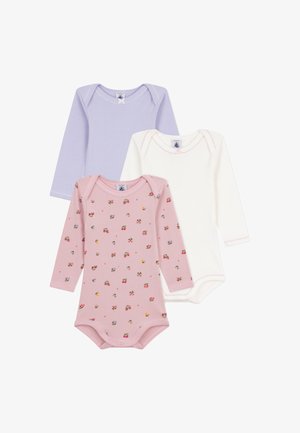 Három hosszú ujjú bodysuit: egy világoslila, egy elefántcsont és egy rózsaszín virágmintás. Puha, rugalmas pamut anyag, patentos záródással.
