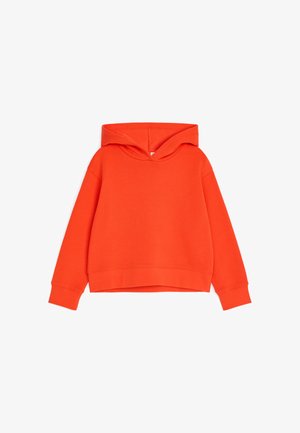 Sweat à capuche orange vif avec manches longues et poignets côtelés, présenté à plat sur fond blanc.