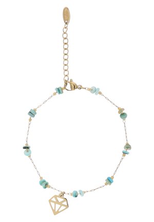 Braccialetto delicato in catena d'oro con piccole perle turchesi e ciondolo geometrico dorato a forma di diamante, con chiusura regolabile.