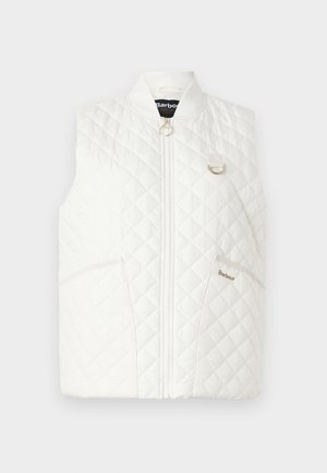 Quilted white vest with a high collar, front zipper, and two side pockets. Features a gold accent logo and ring hardware detail.