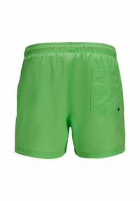 Zöld úszóshort, elasztikus derékkal, hátul patch zsebbel és sima, könnyű szövettextúrával.