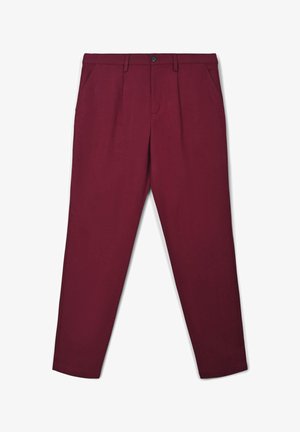 Bordeauxfarbene Hose aus glattem Stoff, mit flacher Vorderseite, zwei seitlichen Taschen und einem einzigen Knopfverschluss an der Taille. Slim-Fit Design.