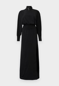 Schwarzes Maxi-Kleid mit langen Puffärmeln, hohem Kragen und seitlichem Schlitz. Hergestellt aus weichem Stoff mit taillierter Taille und dekorativem Kragen-Detail.