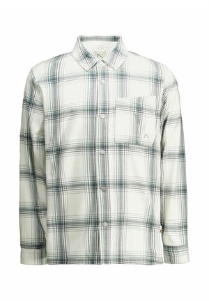 Camisa de manga larga a cuadros blancos y grises, con cuello, botones a presión en la parte frontal y un bolsillo en el pecho en el lado izquierdo.