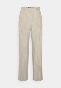 Beiga randiga byxor gjorda av tyg med en mjuk textur. Har hög midja och vida ben, med framfåror och en skräddarsydd finish.