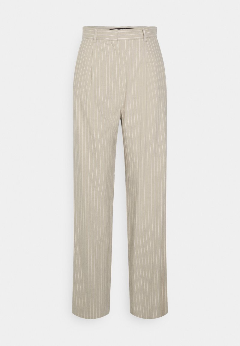 Beiga randiga byxor gjorda av tyg med en mjuk textur. Har hög midja och vida ben, med framfåror och en skräddarsydd finish.