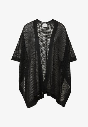 Black mesh kimono-style cardigan with wide sleeves, open front, and ribbed edges. Lightweight and breathable texture with a relaxed fit.
