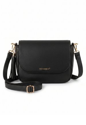 Sort læder crossbody taske med aftagelig rem, gulddetaljer, kvastdetalje og Vivisence brandnavn på frontklappen.