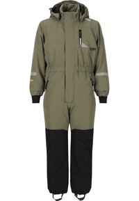 Tuta invernale impermeabile verde oliva con parte inferiore nera, dotata di una tasca con zip, accenti riflettenti e polsini regolabili.