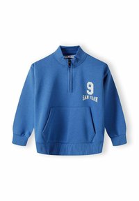 Blauwe sweatshirt met hoge kraag, halve rits, voorvak en witte tekst "9 SAN FRAN." Gemaakt van zacht, gestructureerd materiaal.