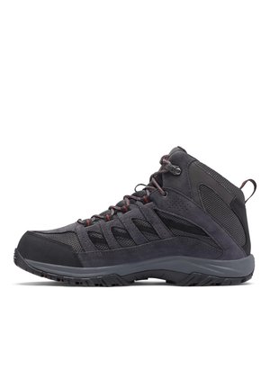 Wysokie buty trekkingowe w ciemnoszarym kolorze, wykonane z siateczki i zamszu, z teksturowanymi akcentami, czerwonymi sznurowadłami oraz gumową podeszwą zapewniającą przyczepność.