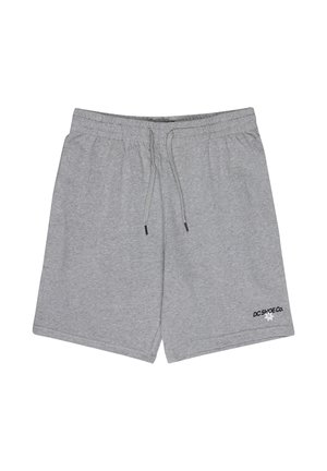 Graue Baumwollshorts mit elastischem Bund und Kordelzug, mit seitlichen Taschen und einem schwarzen Logoaufdruck unten links.
