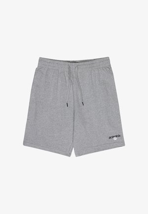 Graue Baumwollshorts mit elastischem Bund und Kordelzug, mit seitlichen Taschen und einem schwarzen Logoaufdruck unten links.