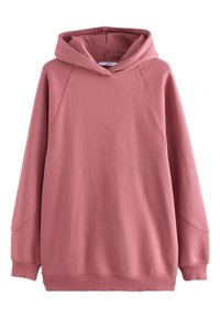Sweat à capuche rose à manches longues, vue de face, avec une grande capuche et des poignets et un ourlet côtelés, présenté sur fond blanc.