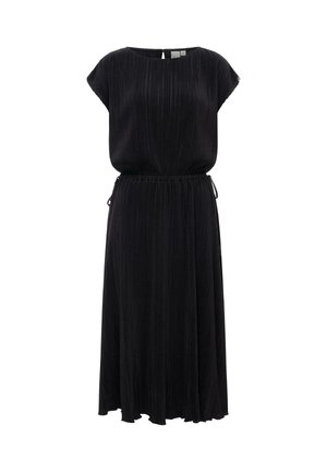 Sort midi-kjole med korte ærmer, plisseret stof, indsnøret talje og rund halsudskæring med lille lukning med knap bagpå.