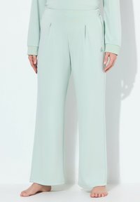 Licht mintgroene wijde broek van zacht materiaal. Bevat plooien aan de voorkant en zijzakken, met een gladde, naadloze textuur.