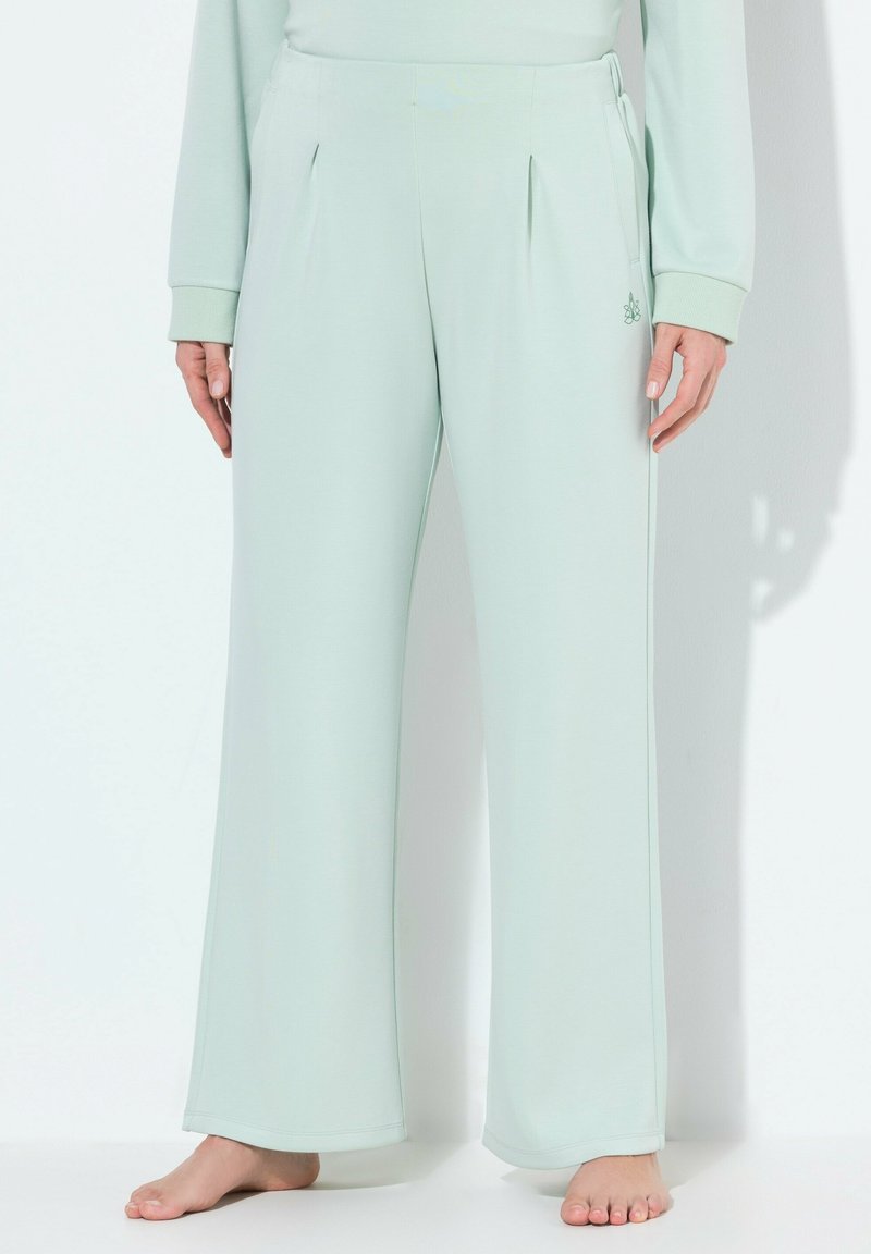 Licht mintgroene wijde broek van zacht materiaal. Bevat plooien aan de voorkant en zijzakken, met een gladde, naadloze textuur.