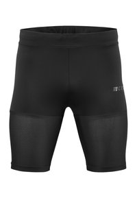 Schwarze sportliche Shorts mit einem eng anliegenden Design, glattem Stoff oben und Mesh-Einsätzen an den Unterschenkeln.