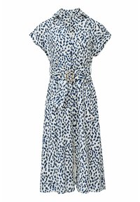 Kratké šaty z bílé látky s modrým tečkovaným vzorem, s knoflíkovou přední stranou a odpovídajícím páskem ze stejné látky se zlatým sponou.