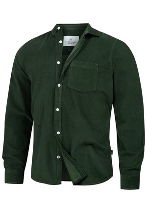 Dark green corduroy shirt with a button-up front, a single chest pocket, collar, and long sleeves featuring buttoned cuffs.