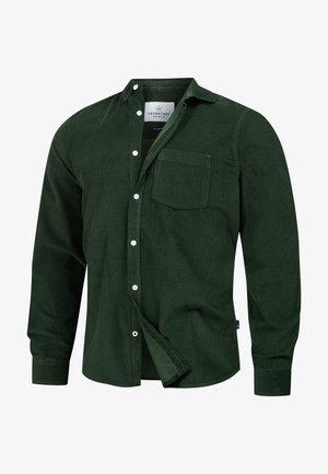 Dark green corduroy shirt with a button-up front, a single chest pocket, collar, and long sleeves featuring buttoned cuffs.