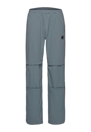 Pantaloni da escursionismo convertibili color azzurro chiaro con zip staccabili alle ginocchia e un piccolo logo nero sulla coscia destra.