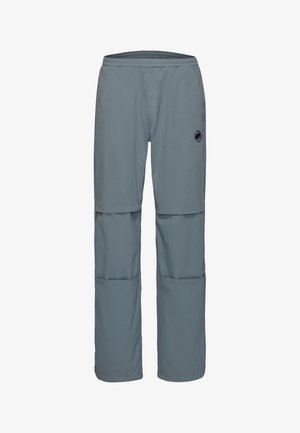 Pantaloni da escursionismo convertibili color azzurro chiaro con zip staccabili alle ginocchia e un piccolo logo nero sulla coscia destra.