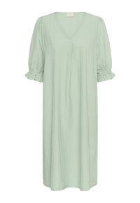 Robe vert menthe avec un col en V et des manches courtes bouffantes. Fabriquée en tissu texturé, présentant une coupe décontractée et une longueur au genou.