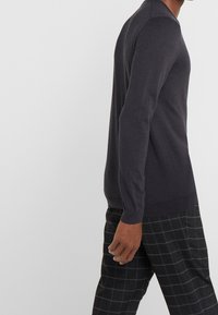 Maglione grigio scuro in un knit leggero, con scollo rotondo e maniche lunghe, abbinato a pantaloni neri a quadri.