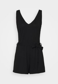 Black sleeveless romper with a V-neck, cinched waist, and tie belt. Soft, lightweight fabric with a relaxed fit and short legs.