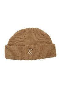 Brown knit beanie with a ribbed texture, folded cuff, and an embroidered logo on the front. Soft, stretchy material suitable for cold weather.