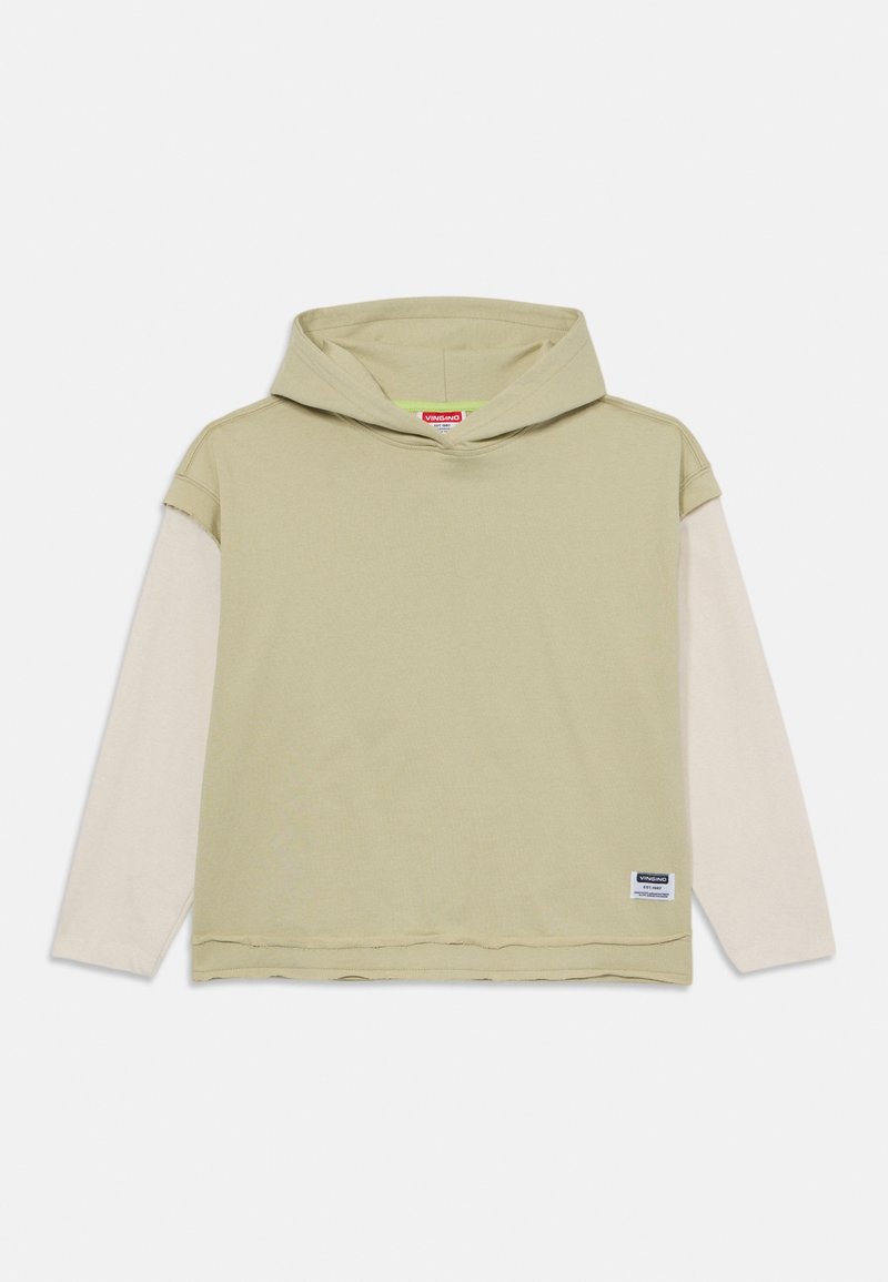 Felpa verde chiaro con cappuccio e maniche lunghe di colore crema, texture a coste e una piccola etichetta del marchio sul lato inferiore destro.