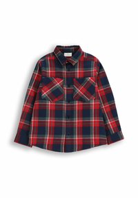 Czerwona i granatowa koszula w kratę, wykonana z bawełny, z kołnierzykiem na guziki, dwoma kieszeniami na piersi oraz długimi rękawami zakończonymi mankietami na guziki.