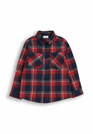 Czerwona i granatowa koszula w kratę, wykonana z bawełny, z kołnierzykiem na guziki, dwoma kieszeniami na piersi oraz długimi rękawami zakończonymi mankietami na guziki.