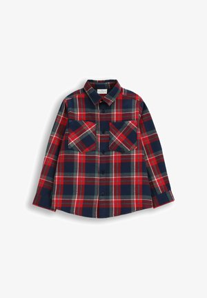 Czerwona i granatowa koszula w kratę, wykonana z bawełny, z kołnierzykiem na guziki, dwoma kieszeniami na piersi oraz długimi rękawami zakończonymi mankietami na guziki.